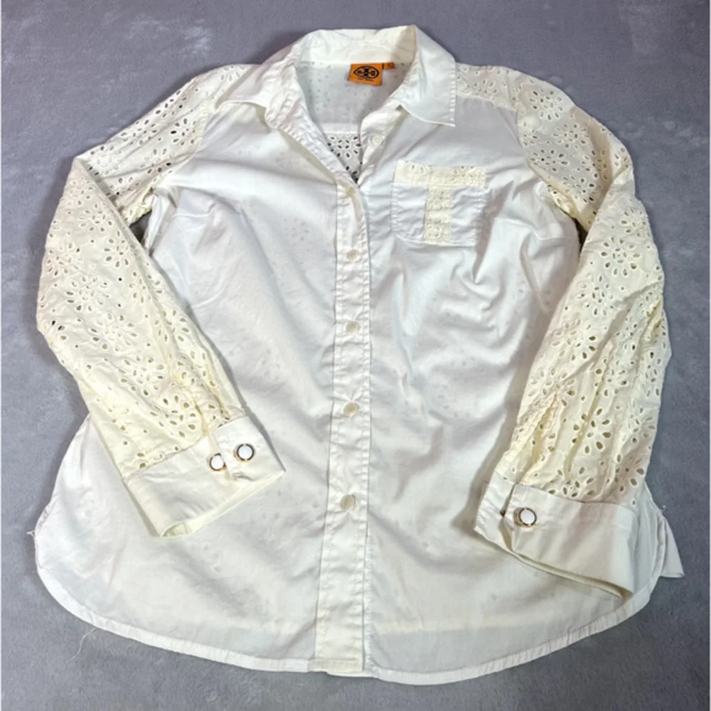 Tory Burch Blouse Womens Size 8 Off White Cream Top Eyelet Button Down Cuff Link